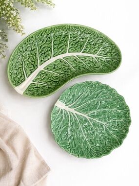 Faianças Belo Majolica Leaf Ceramic Platters Set of 2 Green Portugal Decorative
